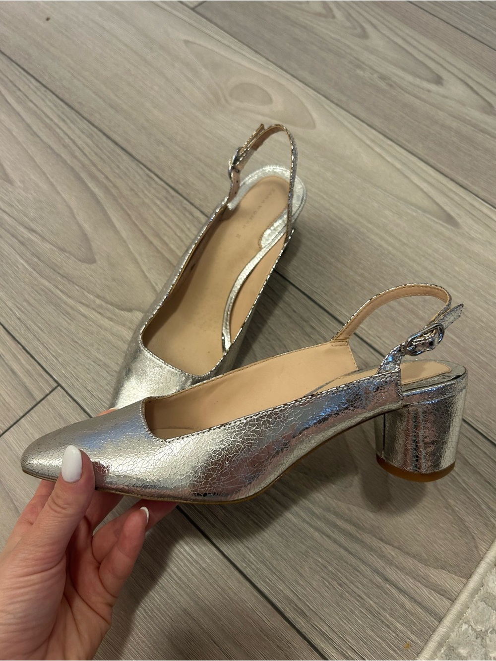 Metallic Silver Slingback Block Heel Pumps - Women